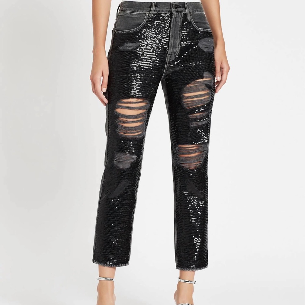 Frame Denim Black Sequin Distressed Cropped Boyfriend Jeans